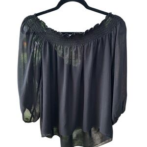 NWOT BCBG MAXAZRIA Smocked Neck Puff Sleeve Blouse Black Lightweight Medium